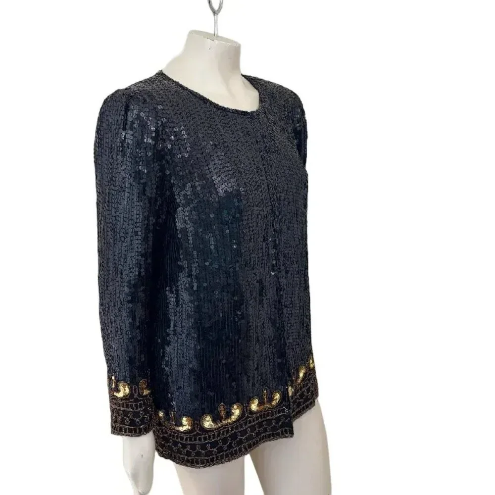VTG STENAY 100% Silk All Over Sequin Beaded Formal Jacket in Black & Gold SZ L